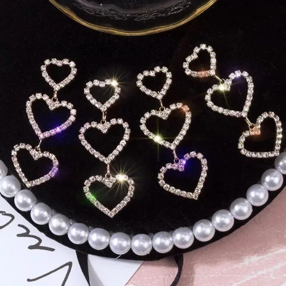 Heart earrings rhinestone diamond crystal drop dangly sparkly y2k luxury cute - Picture 5 of 5